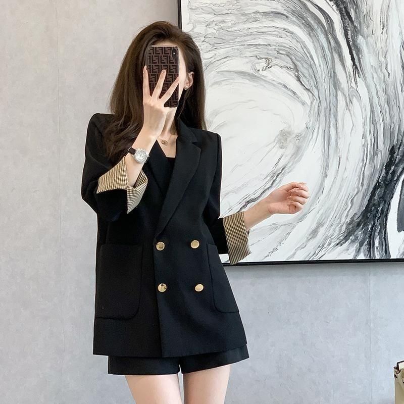 2023 Early Autumn New French Style Retro British Style Loose Slimming High-End Double Breasted Black Turned Cuff Suit Jacket