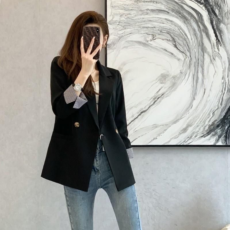 2023 Early Autumn New French Style Retro British Style Loose Slimming High-End Double Breasted Black Turned Cuff Suit Jacket