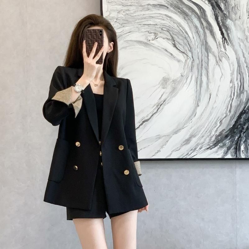2023 Early Autumn New French Style Retro British Style Loose Slimming High-End Double Breasted Black Turned Cuff Suit Jacket