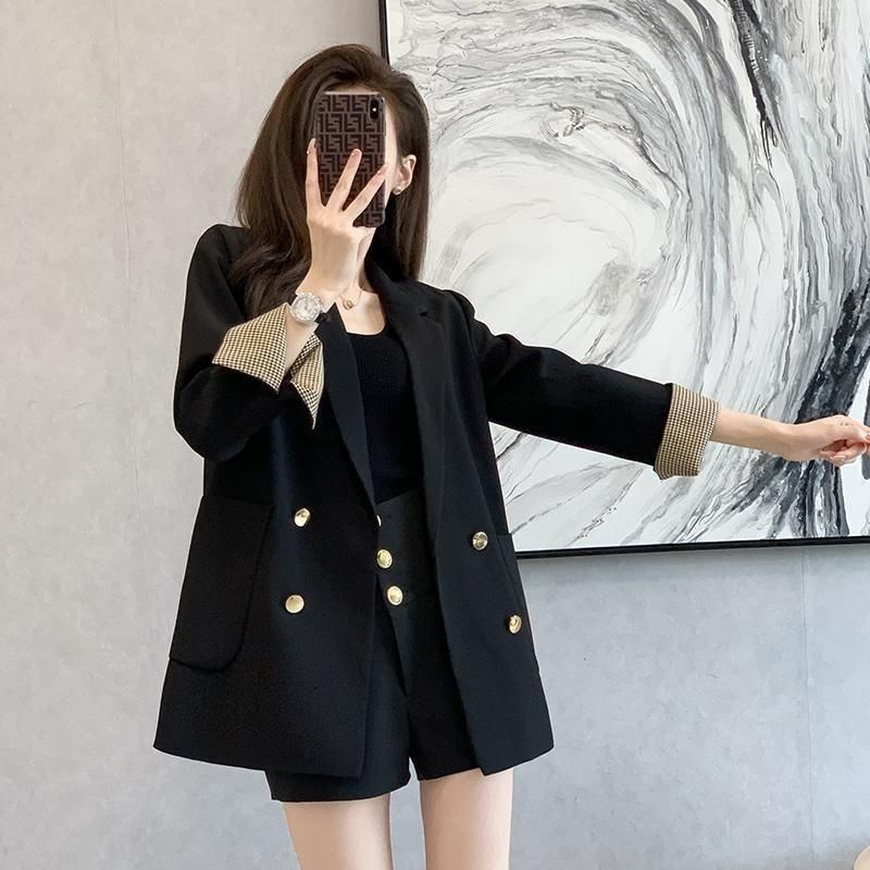 2023 Early Autumn New French Style Retro British Style Loose Slimming High-End Double Breasted Black Turned Cuff Suit Jacket