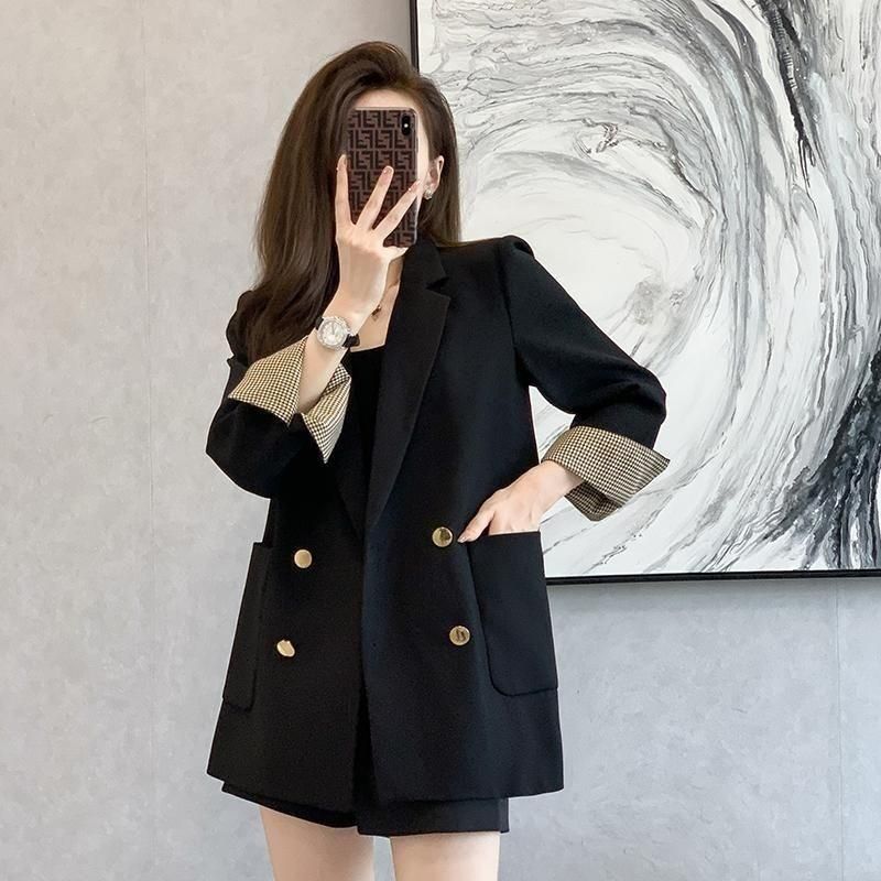 2023 Early Autumn New French Style Retro British Style Loose Slimming High-End Double Breasted Black Turned Cuff Suit Jacket