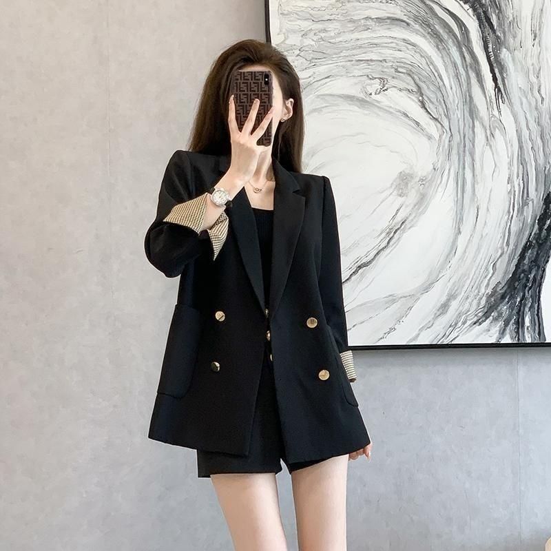 2023 Early Autumn New French Style Retro British Style Loose Slimming High-End Double Breasted Black Turned Cuff Suit Jacket