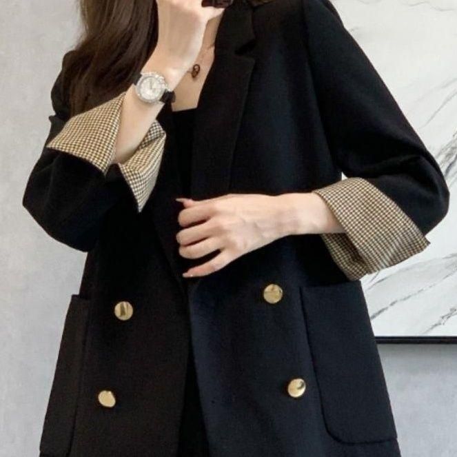 2023 Early Autumn New French Style Retro British Style Loose Slimming High-End Double Breasted Black Turned Cuff Suit Jacket