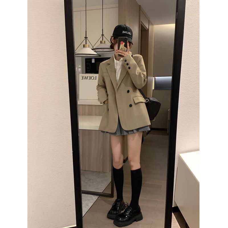 Khaki Casual Suit Jacket Women's New 2022 Autumn Small Korean Style High-Grade Fried Street Suit Top