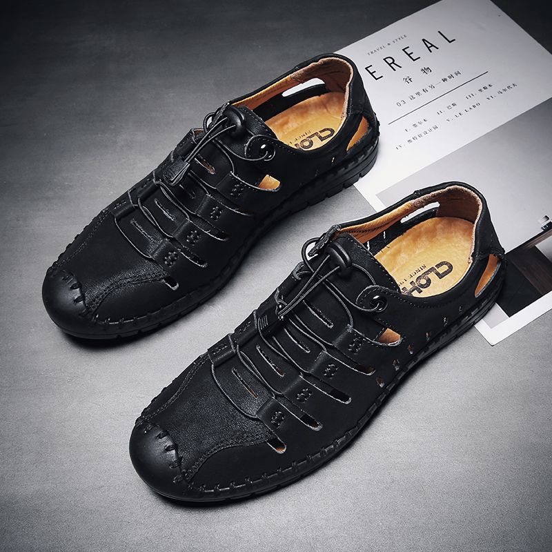 Men's Sandals Big Size 38-48 New Summer High Quality Soft Cowhide Leather Casual Hollow Sandals Breathable Beach Slippers Outdoor Male Shoes Black
