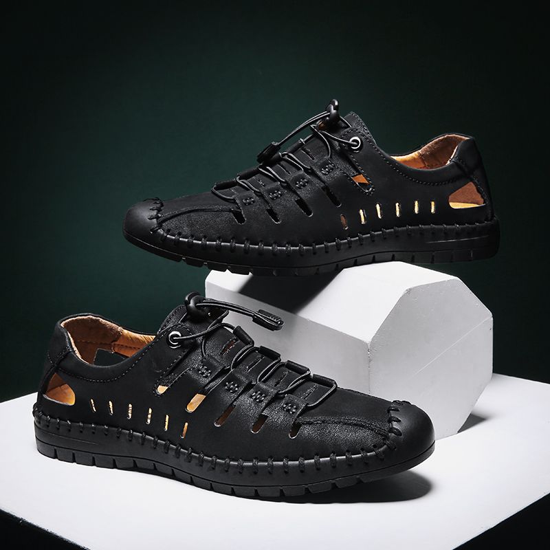 Men's Sandals Big Size 38-48 New Summer High Quality Soft Cowhide Leather Casual Hollow Sandals Breathable Beach Slippers Outdoor Male Shoes Black