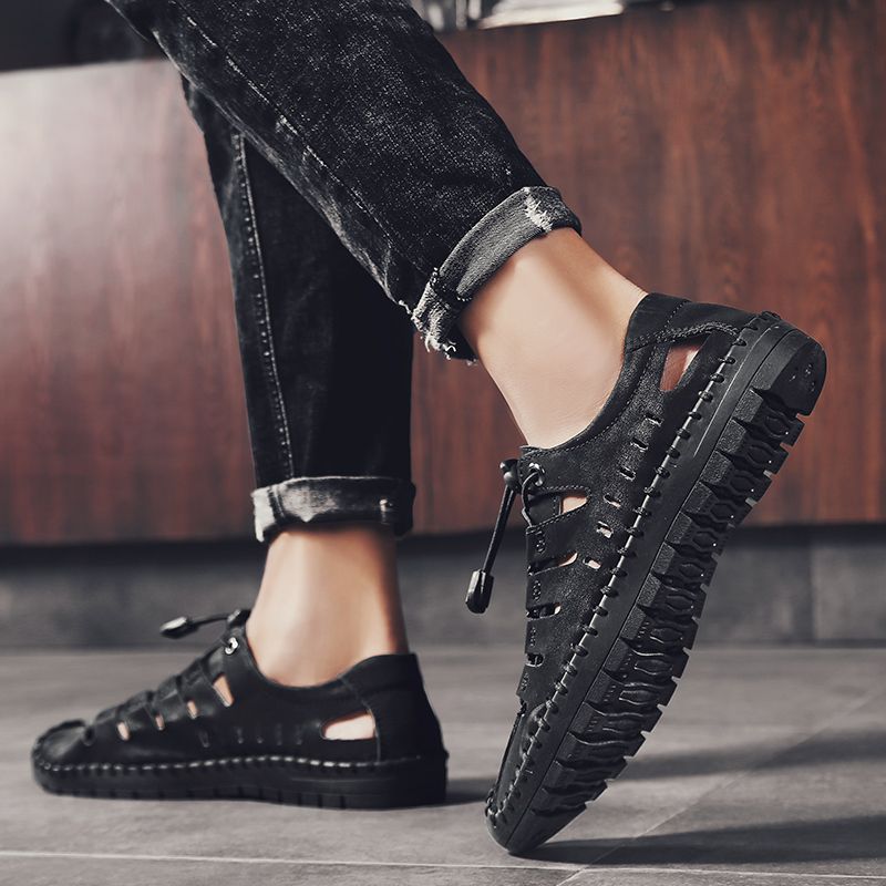 Men's Sandals Big Size 38-48 New Summer High Quality Soft Cowhide Leather Casual Hollow Sandals Breathable Beach Slippers Outdoor Male Shoes Black
