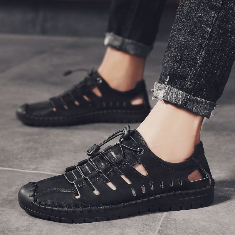 Men's Sandals Big Size 38-48 New Summer High Quality Soft Cowhide Leather Casual Hollow Sandals Breathable Beach Slippers Outdoor Male Shoes Black