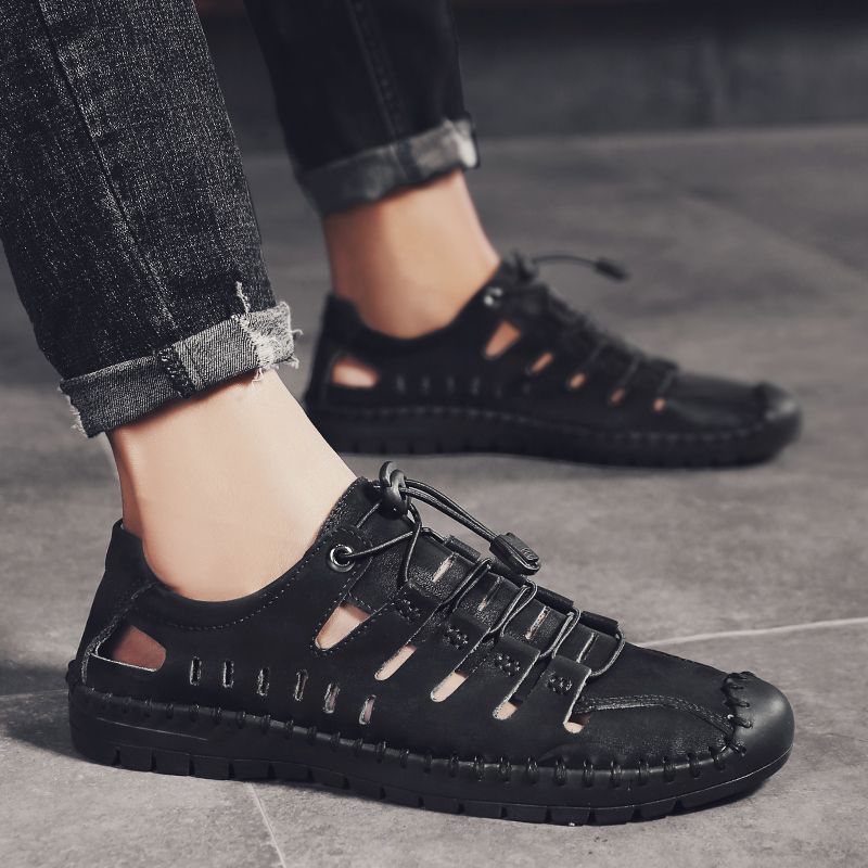 Men's Sandals Big Size 38-48 New Summer High Quality Soft Cowhide Leather Casual Hollow Sandals Breathable Beach Slippers Outdoor Male Shoes Black