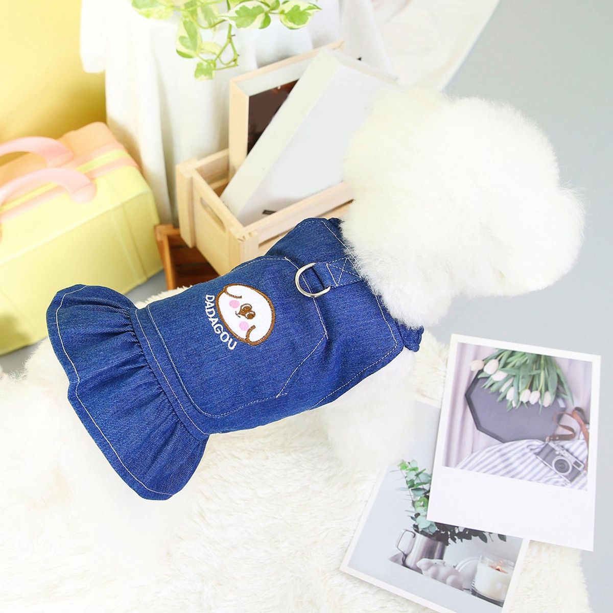 Puppy Dress Cartoon Pattern Pet Puppy Dog Denim Dress Dark Blue
