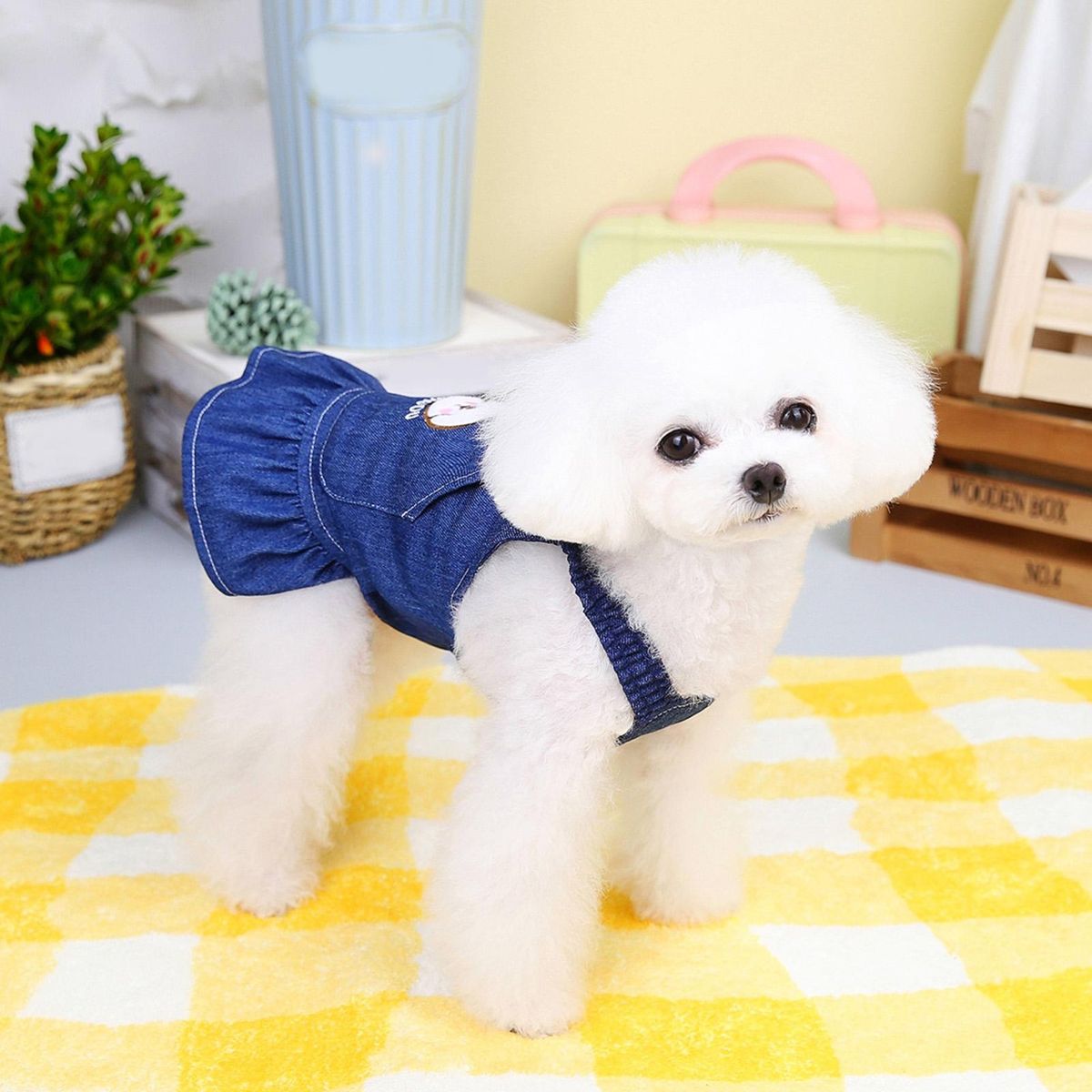 Puppy Dress Cartoon Pattern Pet Puppy Dog Denim Dress Dark Blue