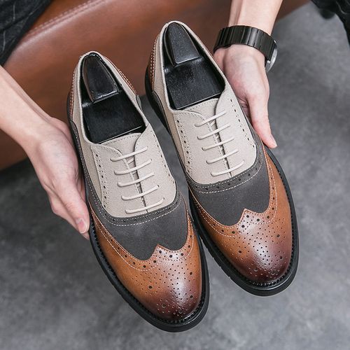 Classic Brogue Dress Shoes For Man Handmade Colour Splicing Leather Shoes Men Party Wedding Shoes Flats Men Oxfords Formal Shoes Lace Up Office Business Shoes EUR Size 38-46