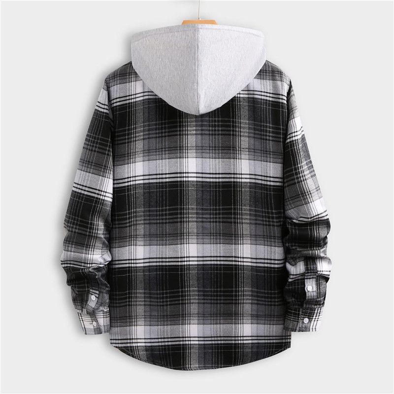 Men's Long Sleeve Plaid Hoddie Shirt - Grey