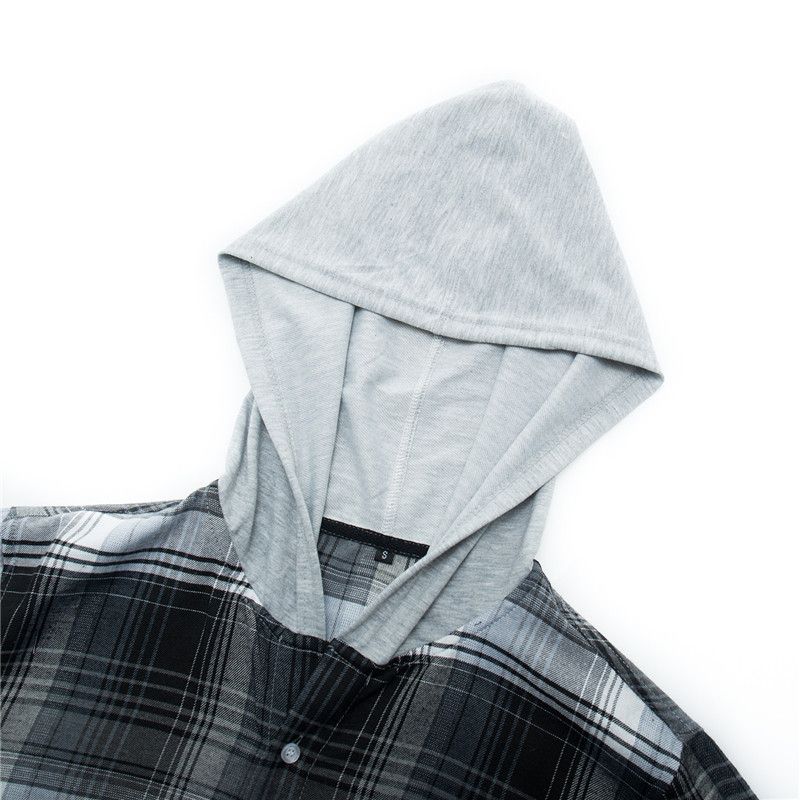 Men's Long Sleeve Plaid Hoddie Shirt - Grey