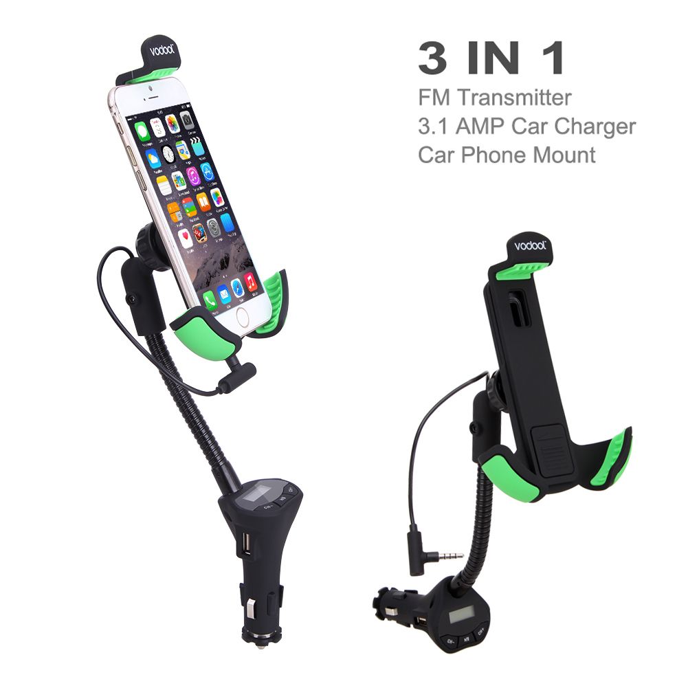 Universal Car Mount Holder With 3.1 Amp USB Car Charger And FM Transmitter Hands-free Car Kit With Power On/off Switch For All Smart Phone (Black) SHUKA