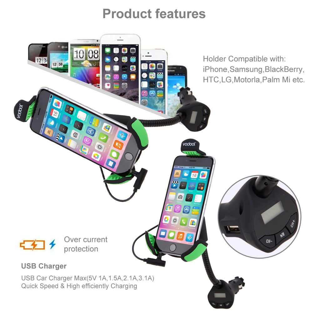Universal Car Mount Holder With 3.1 Amp USB Car Charger And FM Transmitter Hands-free Car Kit With Power On/off Switch For All Smart Phone (Black) SHUKA