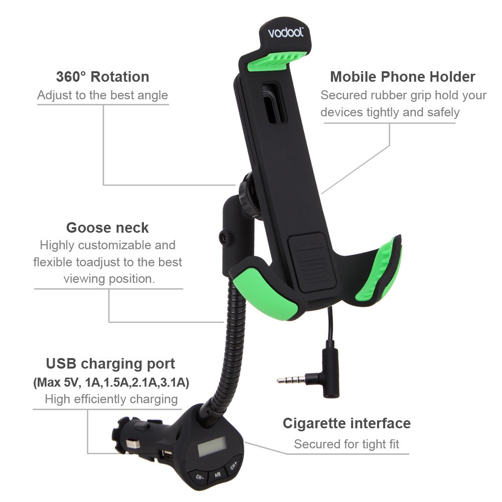 Universal Car Mount Holder With 3.1 Amp USB Car Charger And FM Transmitter Hands-free Car Kit With Power On/off Switch For All Smart Phone (Black) SHUKA