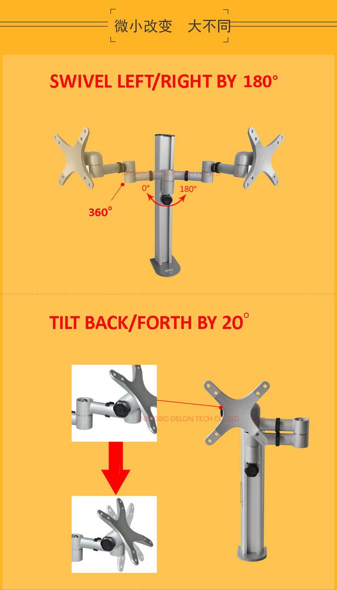 DM-6 10-27" Aluminum Dual Arm Lcd Tv Table Mount Tilt 360 Rotate Monitor Desk Stand V