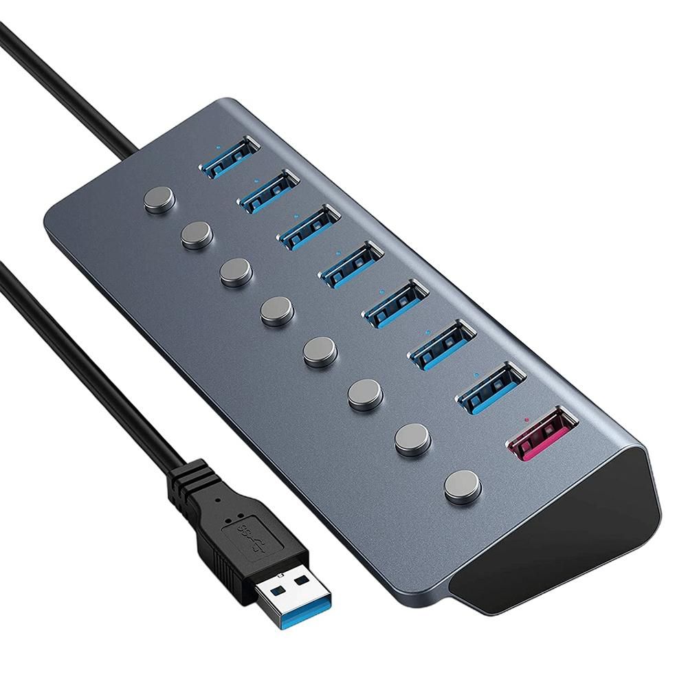 Aluminum Alloy 8-Port USB3.0 Hub Splitter Computer Extended USB HUB Fast Charging Adapter External Power Supply-EU Plug