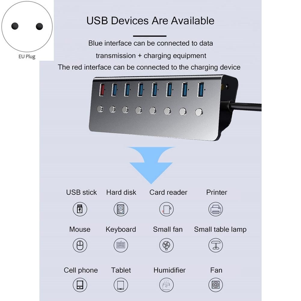 Aluminum Alloy 8-Port USB3.0 Hub Splitter Computer Extended USB HUB Fast Charging Adapter External Power Supply-EU Plug
