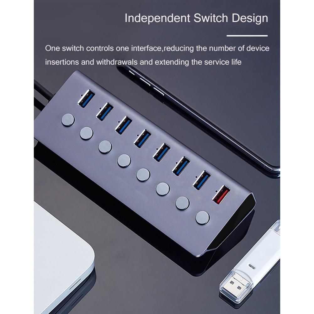 Aluminum Alloy 8-Port USB3.0 Hub Splitter Computer Extended USB HUB Fast Charging Adapter External Power Supply-EU Plug