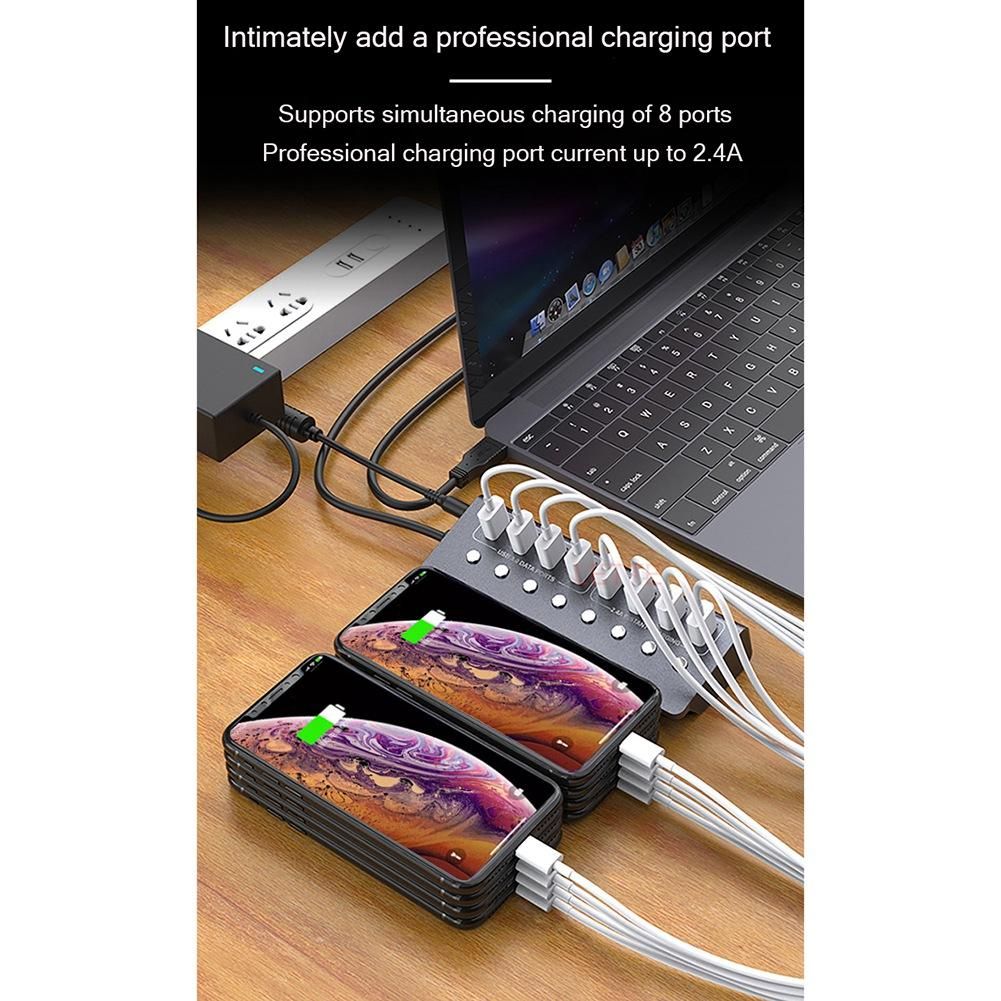 Aluminum Alloy 8-Port USB3.0 Hub Splitter Computer Extended USB HUB Fast Charging Adapter External Power Supply-EU Plug