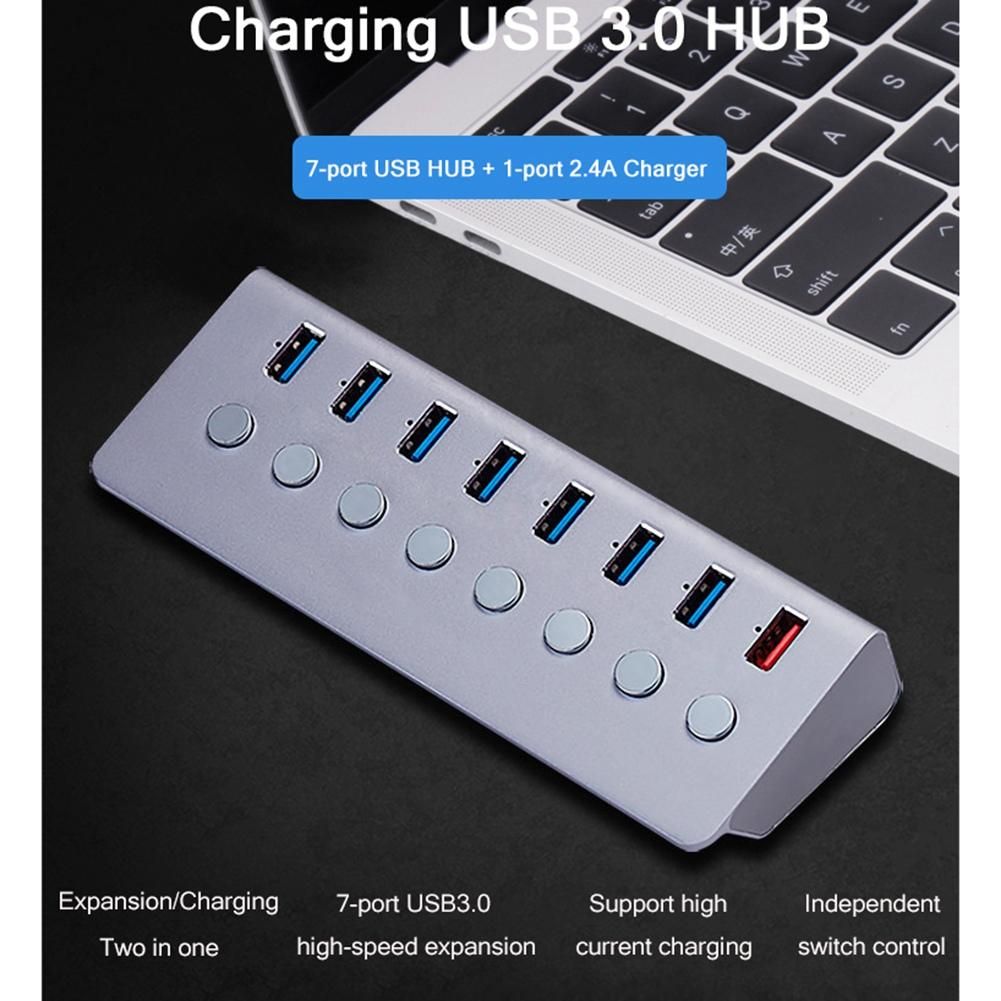 Aluminum Alloy 8-Port USB3.0 Hub Splitter Computer Extended USB HUB Fast Charging Adapter External Power Supply-EU Plug