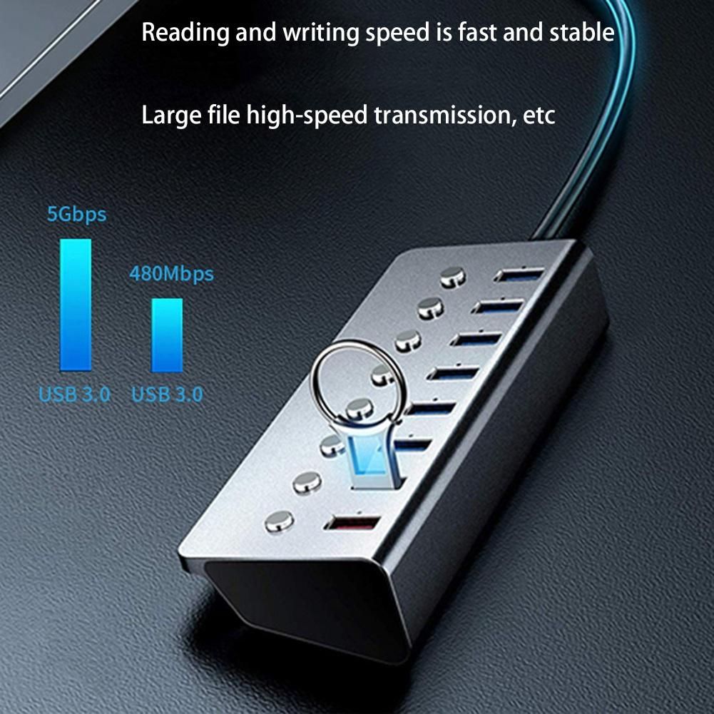 Aluminum Alloy 8-Port USB3.0 Hub Splitter Computer Extended USB HUB Fast Charging Adapter External Power Supply-EU Plug