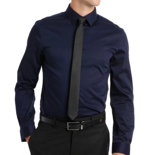 Men's Formal Dress Shirt With Matching Tie  - Navy Blue & Black