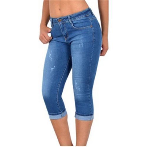 Ladies Summer Stretch Slim Fit Denim Cropped Pants-Light Blue