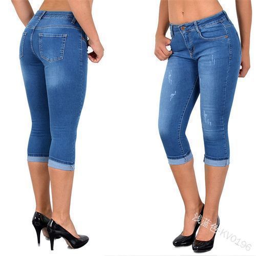 Ladies Summer Stretch Slim Fit Denim Cropped Pants-Light Blue