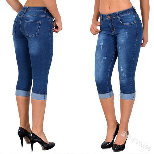 Ladies Summer Stretch Slim Fit Denim Cropped Pants-Light Blue