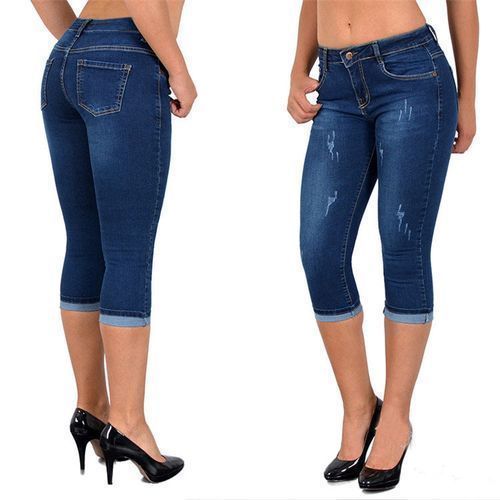 Ladies Summer Stretch Slim Fit Denim Cropped Pants-Light Blue