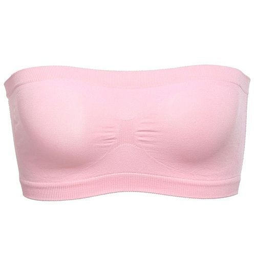 Women Basic Stretch Layer Strapless Hollow Seamless Solid Cropped Tube Top Bra Bandeau ( Nude )