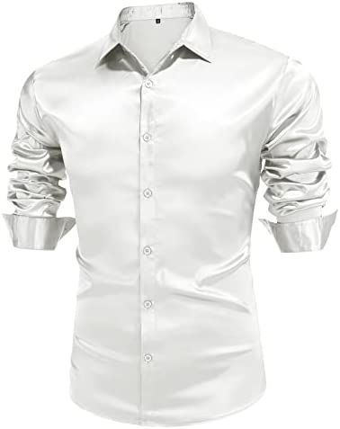 Men's Luxury Shiny Silk Button Down Satin Shirt Long Sleeve Casual Off-White Dress