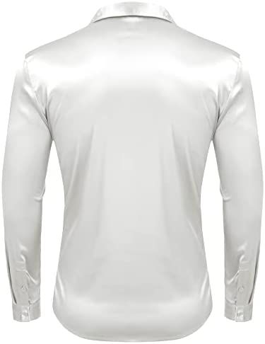 Men's Luxury Shiny Silk Button Down Satin Shirt Long Sleeve Casual Off-White Dress