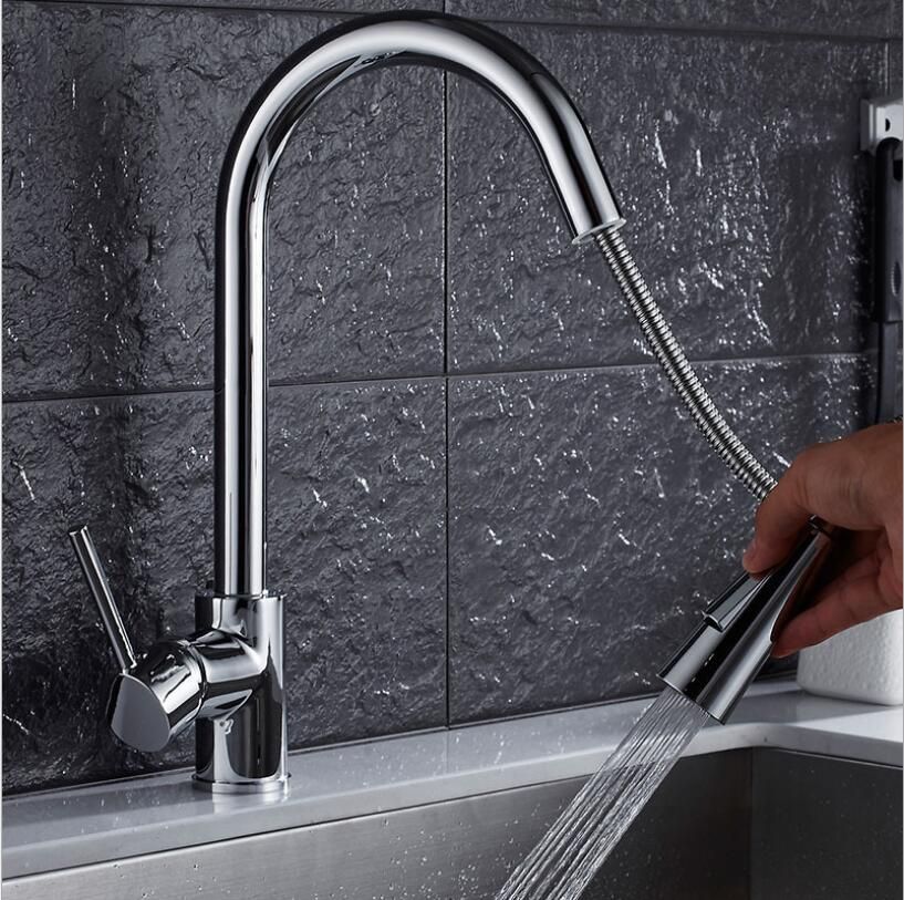 Chrome/Gold/Nickel Kitchen Faucets Silver Single Handle Pull Out Kitchen Tap Single Hole Rotating Water Mixer Tap Mixer Tap