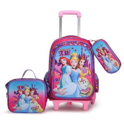 Princess Girl Character 6 Wheel - 3 In 1 Trolley Bag With Lunch Bag And Pencil Case