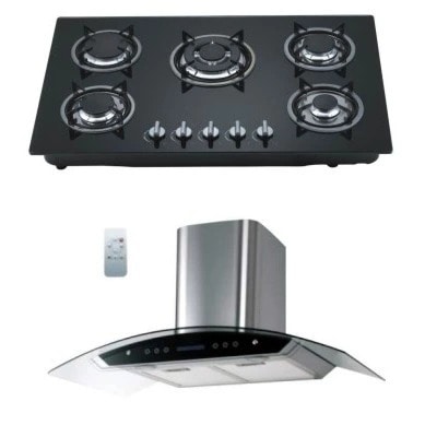 90cm 5 Burner Glass Built-in Gas Hob + Wall Mounted Charcoal Filter Range Hood