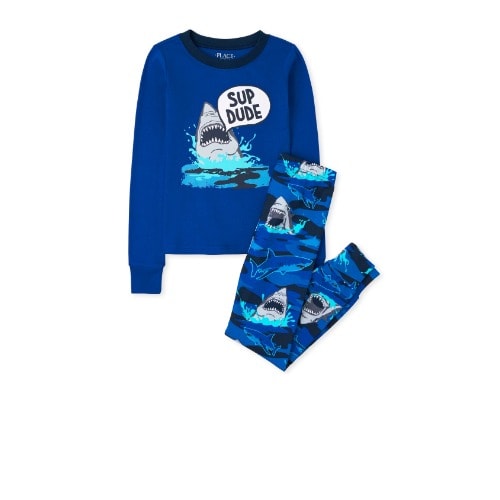Boys Sup Dude Shark Snug Fit Cotton Long Sleeve Pyjamas Sleepwear- Blue