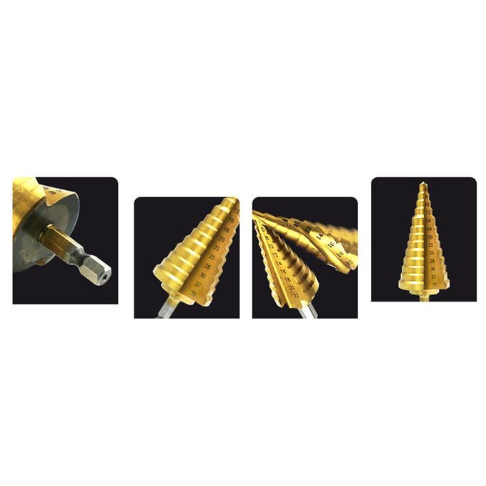 Step Drill Bit, One Drill,Straight Slot Step Drill,  Handle Step Drill,Wood Hole  Utter,Titanium  Oated Drill Bit,Drilling Power Tools HSS 1 1 1set-Titanium-4-22mm