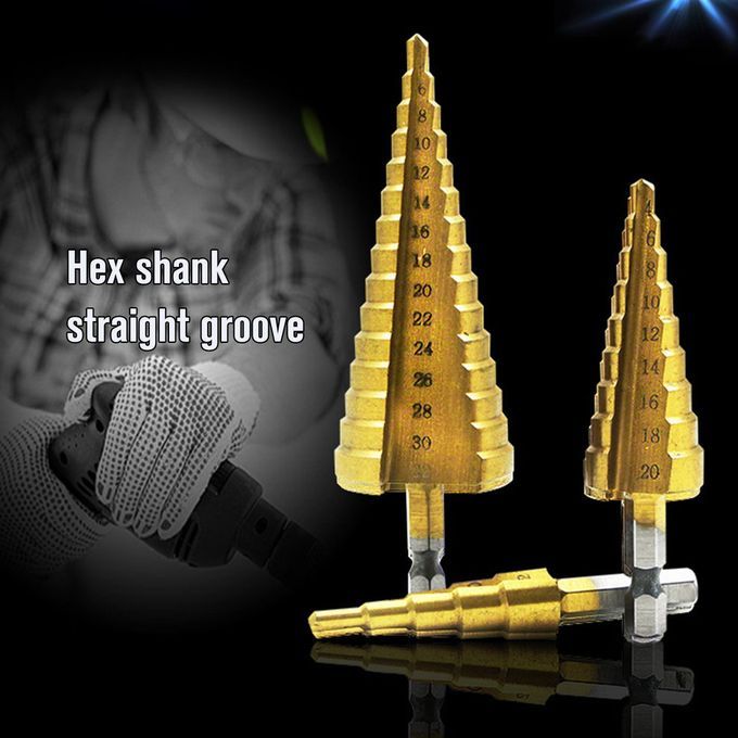 Step Drill Bit, One Drill,Straight Slot Step Drill,  Handle Step Drill,Wood Hole  Utter,Titanium  Oated Drill Bit,Drilling Power Tools HSS 1 1 1set-Titanium-4-22mm