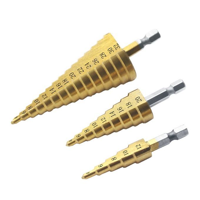 Step Drill Bit, One Drill,Straight Slot Step Drill,  Handle Step Drill,Wood Hole  Utter,Titanium  Oated Drill Bit,Drilling Power Tools HSS 1 1 1set-Titanium-4-22mm