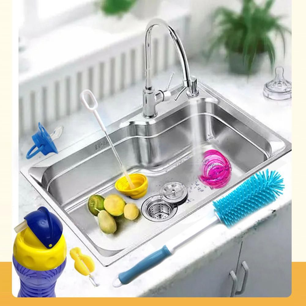 3 Pcs Soft Baby Bottle Brush Bottle and Straw Brush Cleaning Set for Child with Silicone Bottle Brush Nylon Nipple Brush and Stainless Steel Straw Brush