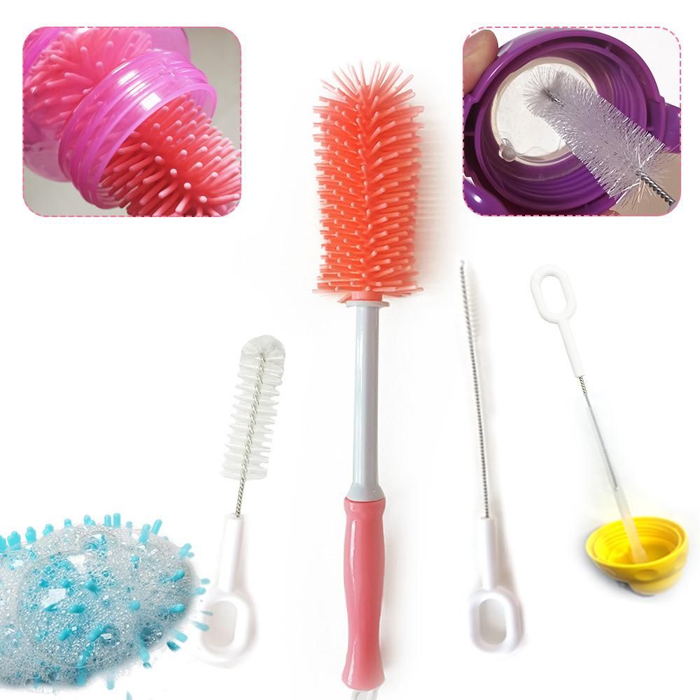 3 Pcs Soft Baby Bottle Brush Bottle and Straw Brush Cleaning Set for Child with Silicone Bottle Brush Nylon Nipple Brush and Stainless Steel Straw Brush