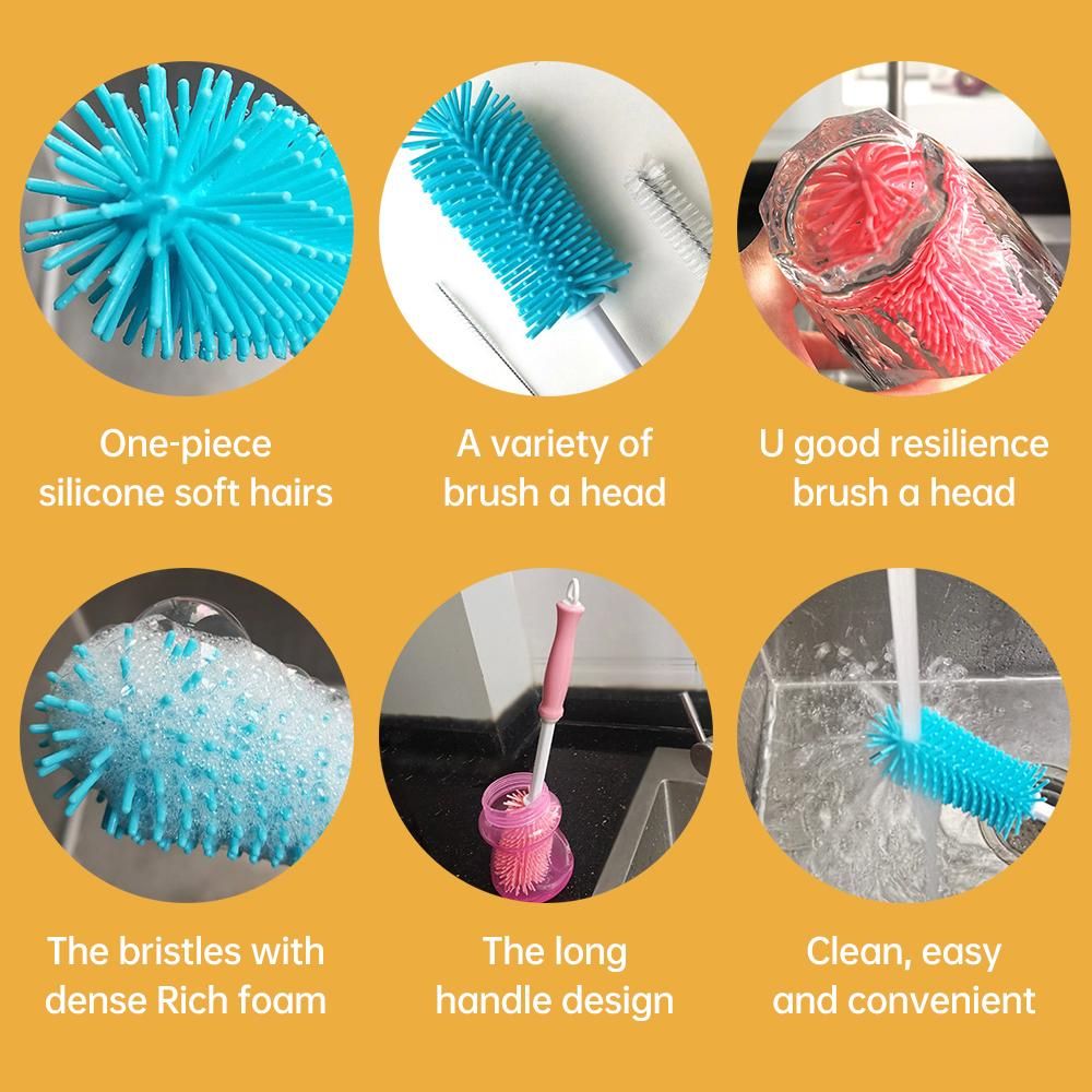 3 Pcs Soft Baby Bottle Brush Bottle and Straw Brush Cleaning Set for Child with Silicone Bottle Brush Nylon Nipple Brush and Stainless Steel Straw Brush