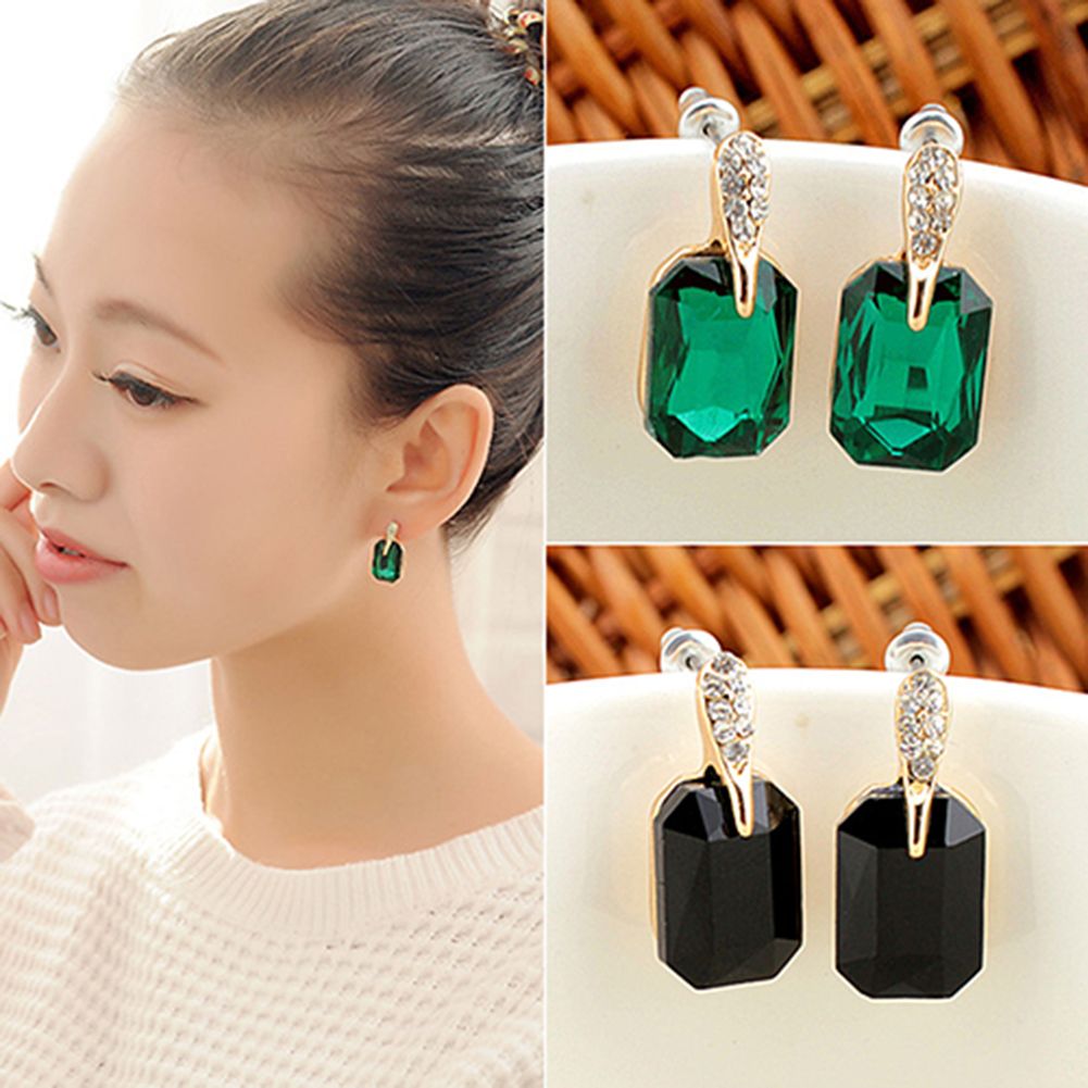 Women Elegant Rectangle Rhinestone Ear Studs Earrings Jewelry Birthday Gift-Green