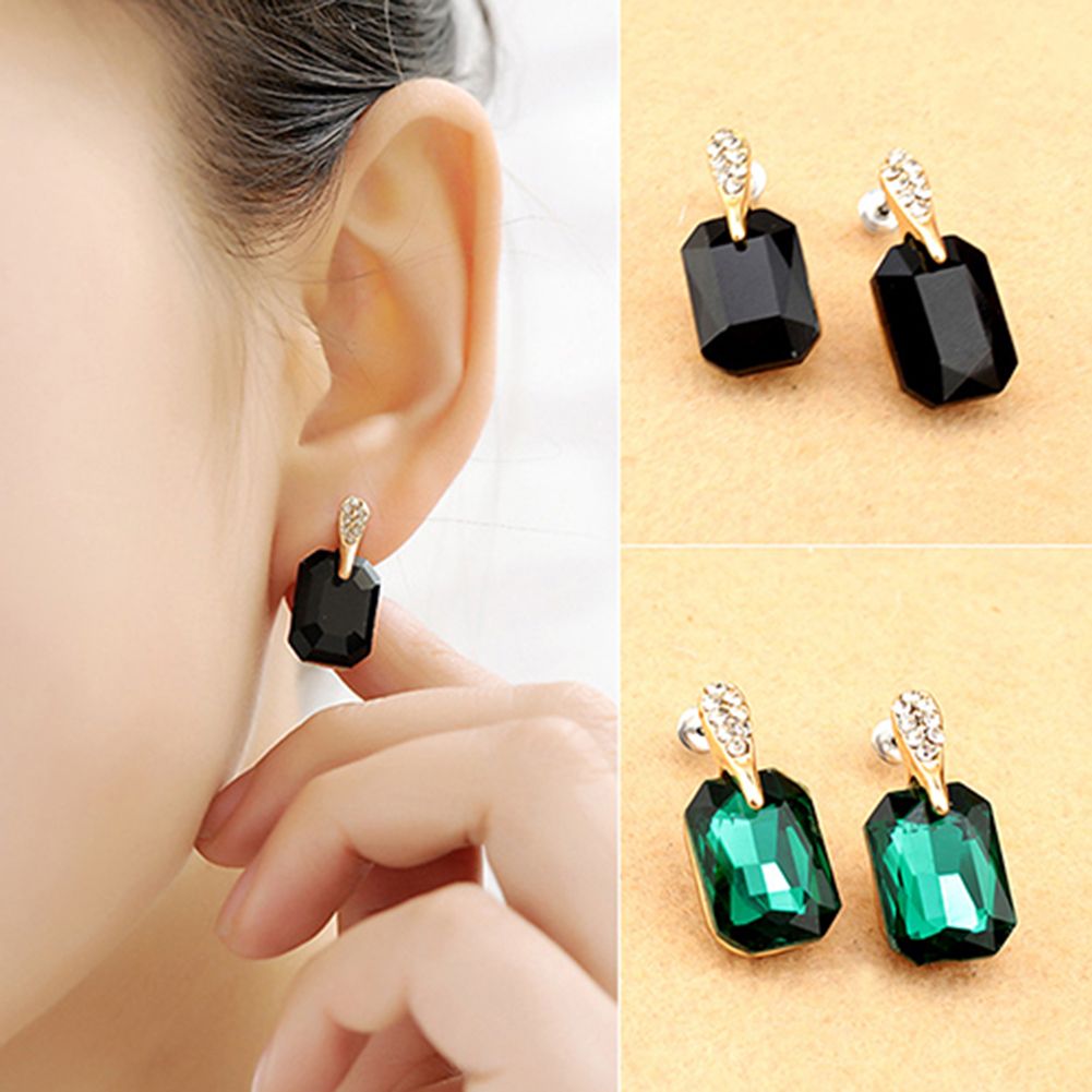 Women Elegant Rectangle Rhinestone Ear Studs Earrings Jewelry Birthday Gift-Green
