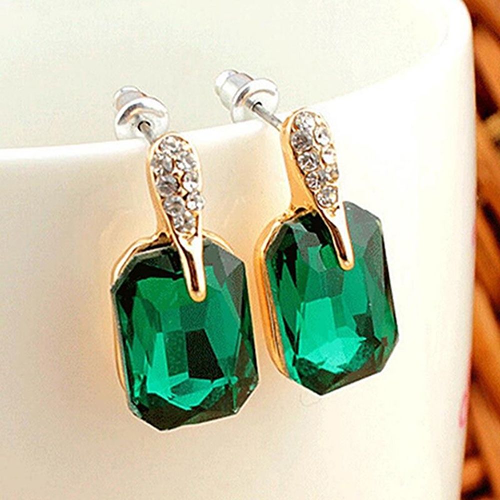 Women Elegant Rectangle Rhinestone Ear Studs Earrings Jewelry Birthday Gift-Green