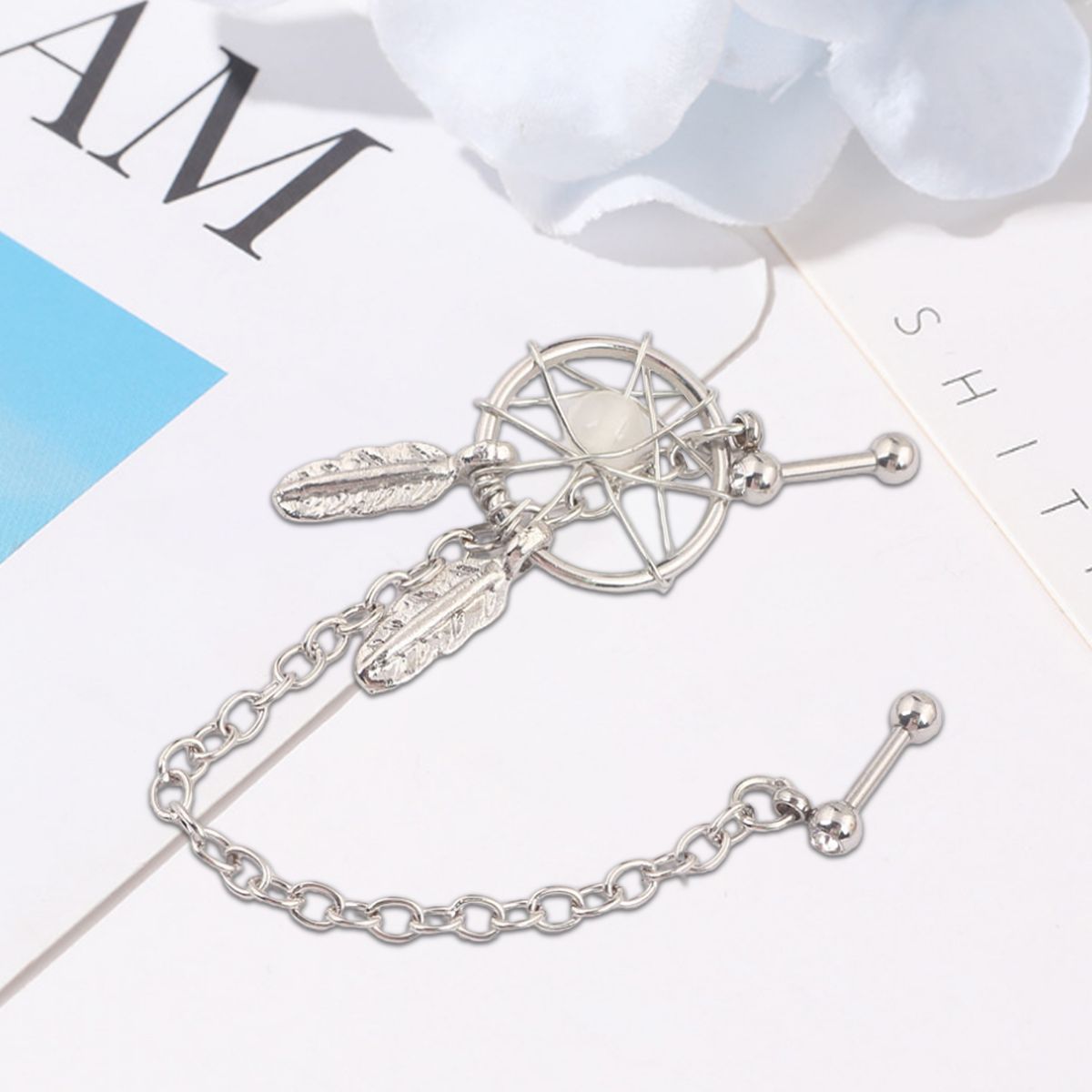 Dream Catcher Star Helix Tragus Cuff Ear Piercing Cartilage Stud Dangle Earring-Blue